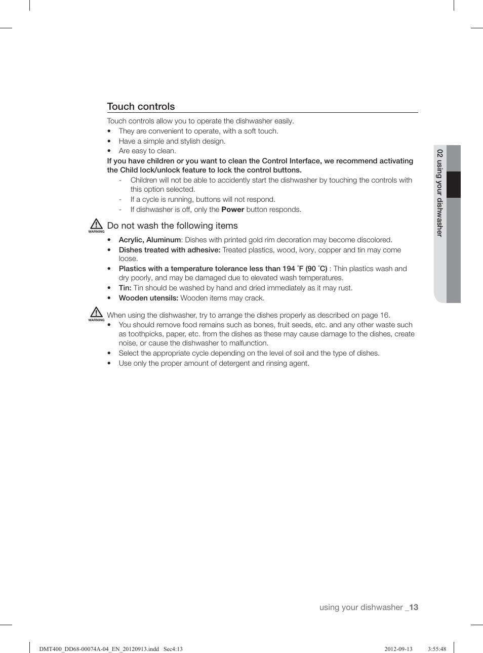 Touch controls, Do not wash the following items | Samsung DMT400RHS-XAA User Manual | Page 13 / 96