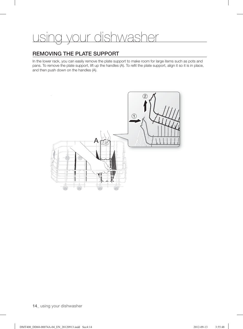 Using your dishwasher, Removing the plate support | Samsung DMT400RHS-XAA User Manual | Page 14 / 96