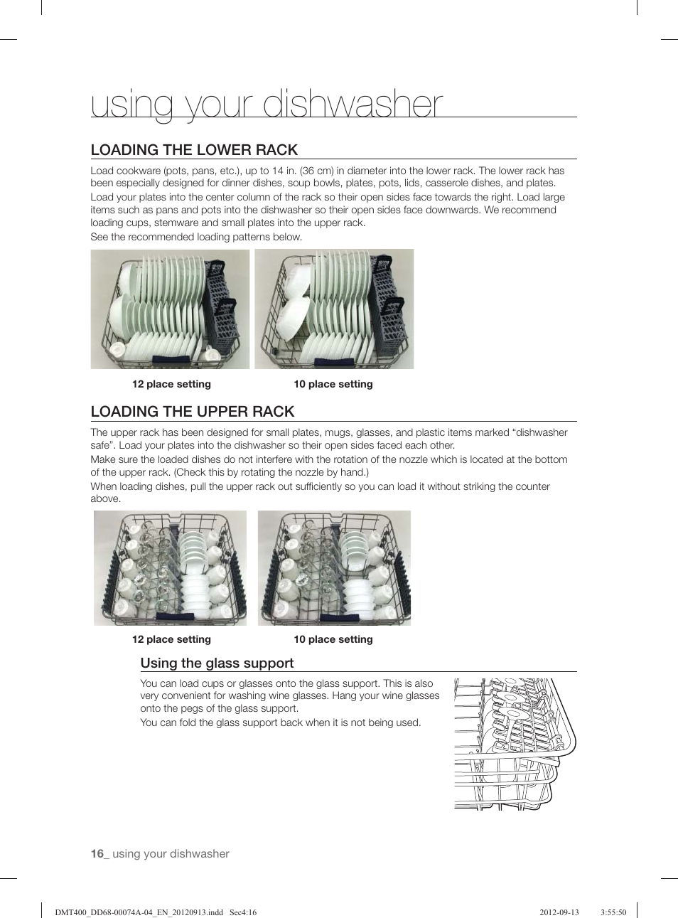 Using your dishwasher, Loading the lower rack, Loading the upper rack | Samsung DMT400RHS-XAA User Manual | Page 16 / 96