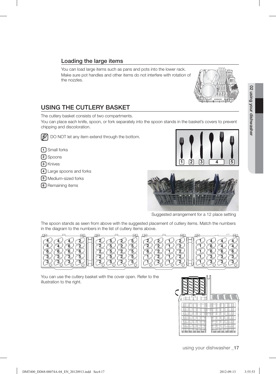 Using the cutlery basket, Loading the large items | Samsung DMT400RHS-XAA User Manual | Page 17 / 96