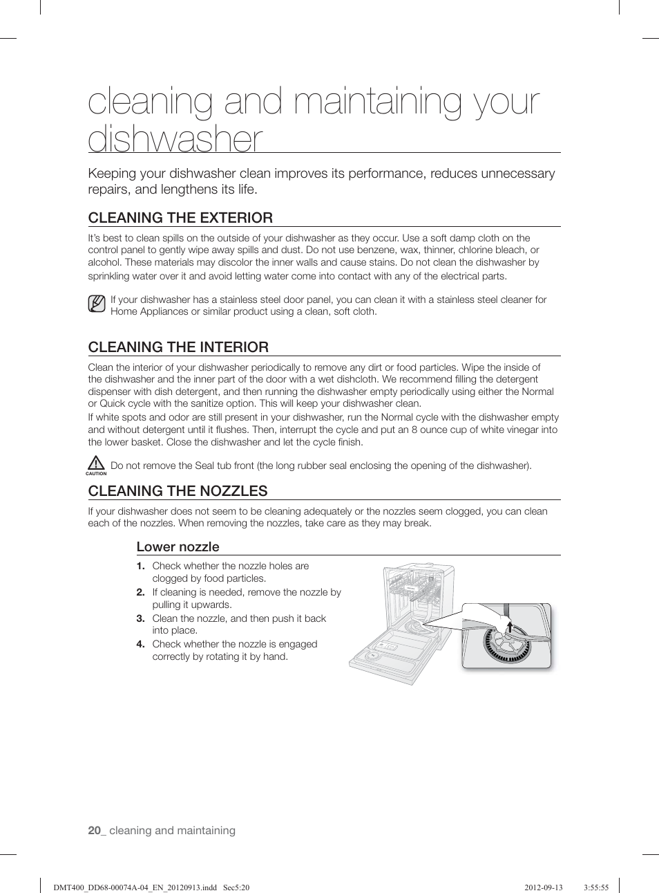 Cleaning and maintaining your dishwasher, Cleaning the exterior, Cleaning the interior | Cleaning the nozzles | Samsung DMT400RHS-XAA User Manual | Page 20 / 96