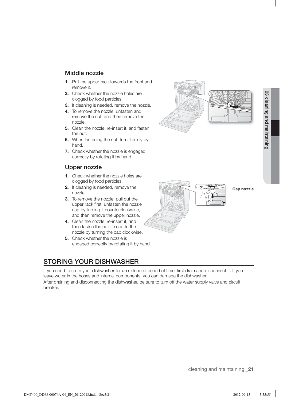 Storing your dishwasher, Middle nozzle, Upper nozzle | Samsung DMT400RHS-XAA User Manual | Page 21 / 96