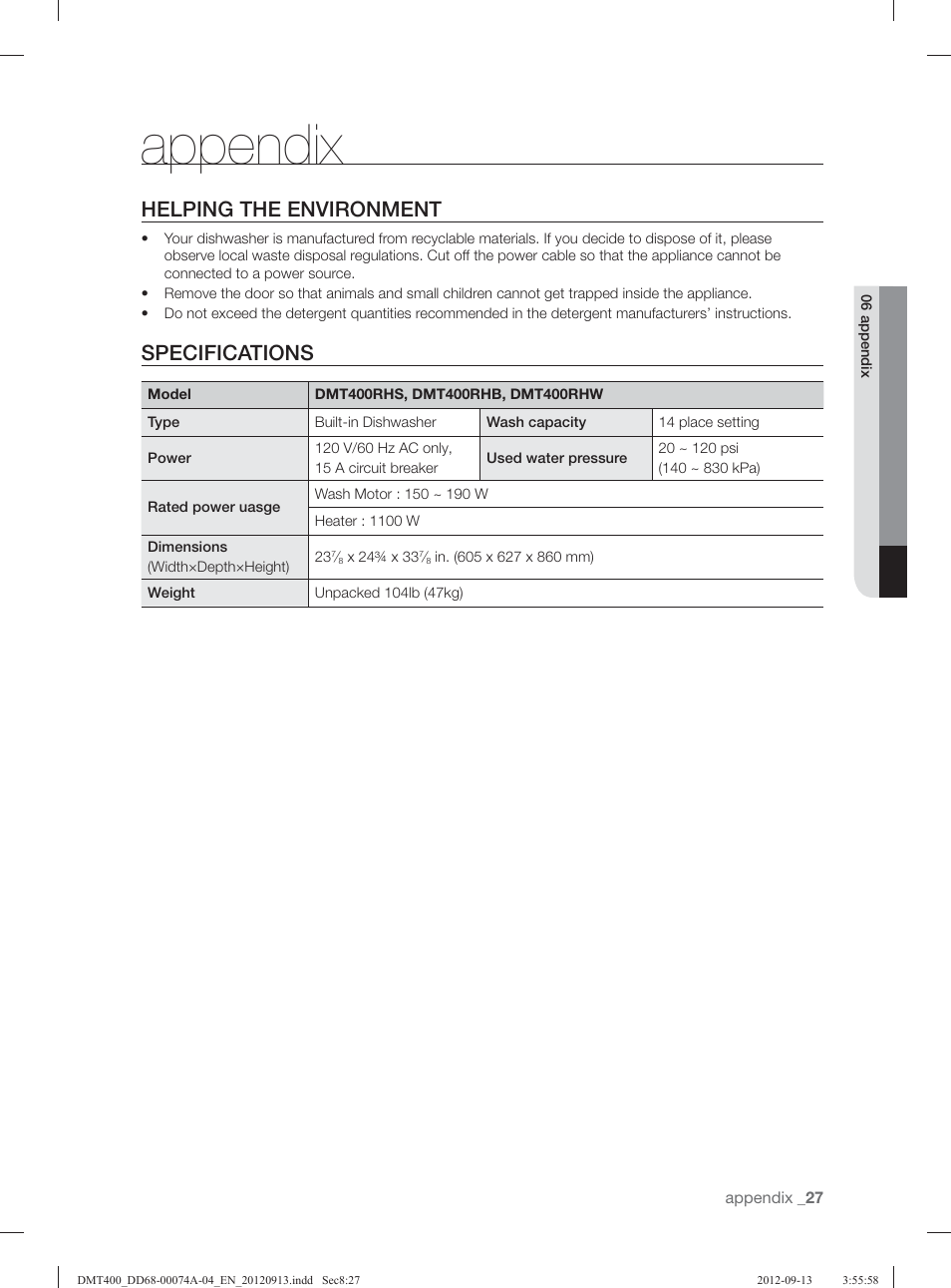 Appendix, Helping the environment, Specifications | Samsung DMT400RHS-XAA User Manual | Page 27 / 96