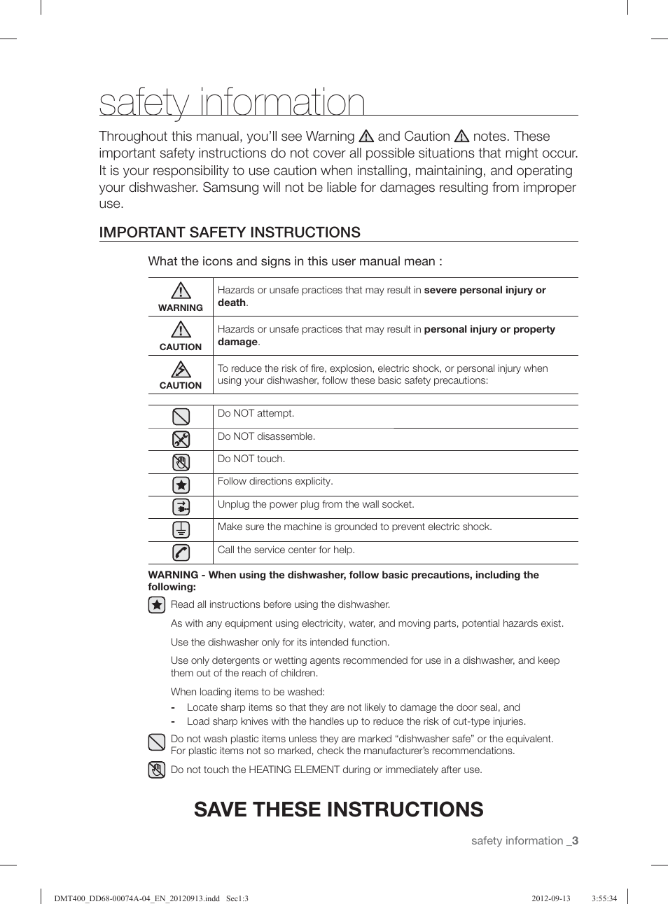Safety information, Save these instructions, Important safety instructions | Samsung DMT400RHS-XAA User Manual | Page 3 / 96