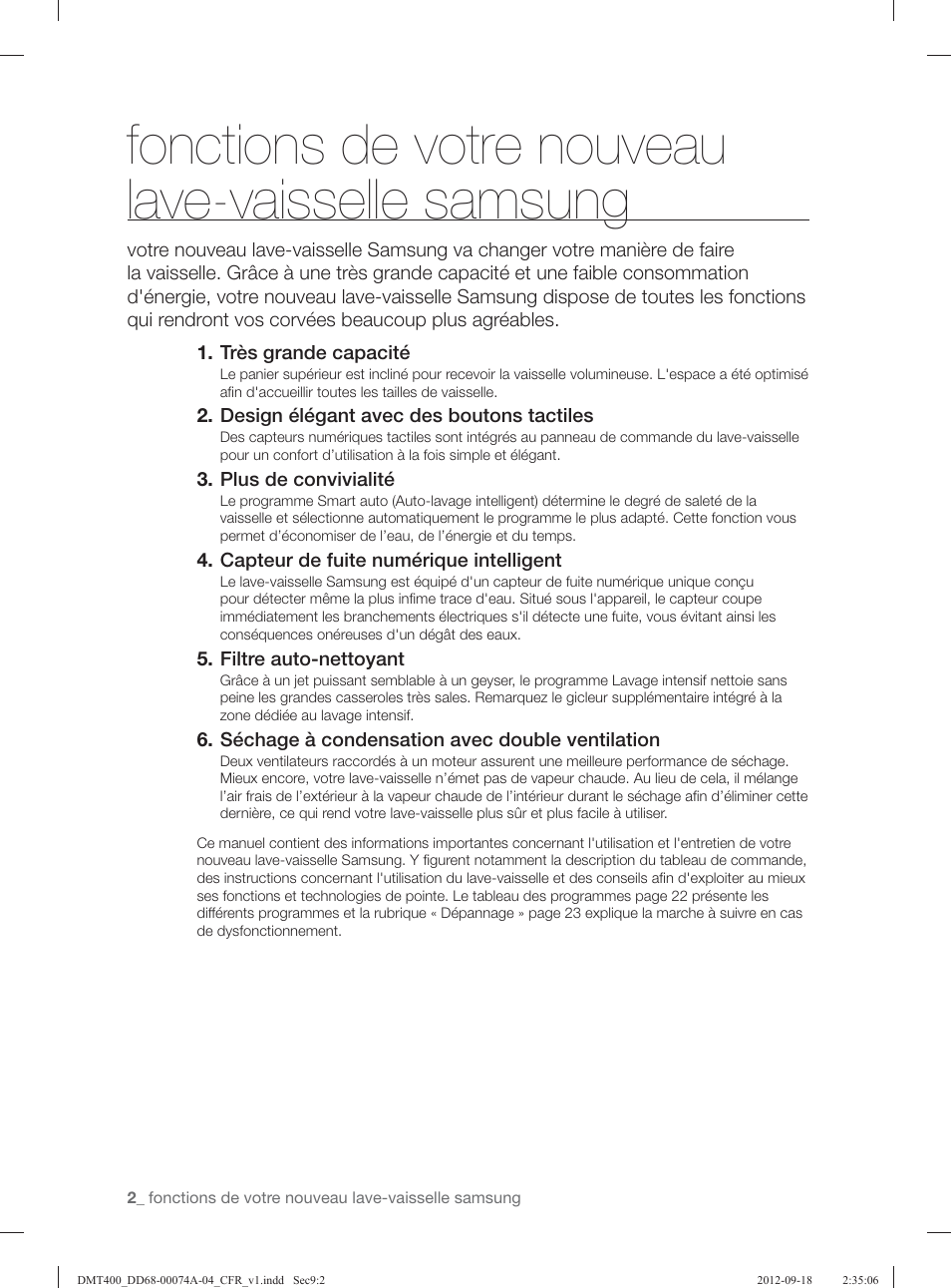 Fonctions de votre nouveau lave-vaisselle samsung | Samsung DMT400RHS-XAA User Manual | Page 34 / 96