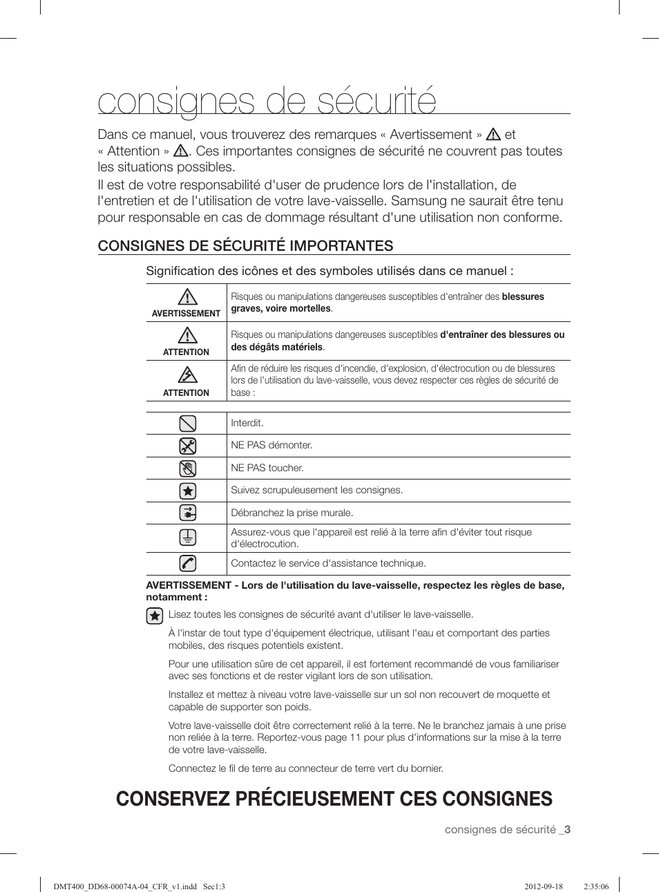 Consignes de sécurité, Conservez précieusement ces consignes, Consignes de sécurité importantes | Samsung DMT400RHS-XAA User Manual | Page 35 / 96
