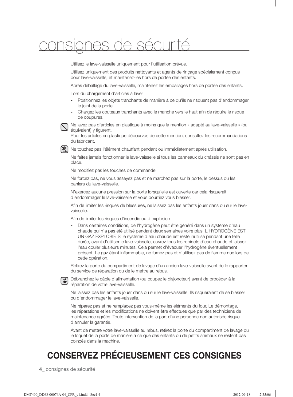 Consignes de sécurité, Conservez précieusement ces consignes | Samsung DMT400RHS-XAA User Manual | Page 36 / 96