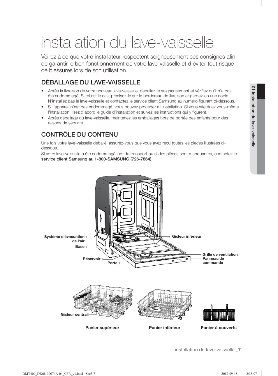 Installation du lave-vaisselle, Déballage du lave-vaisselle, Contrôle du contenu | Samsung DMT400RHS-XAA User Manual | Page 39 / 96