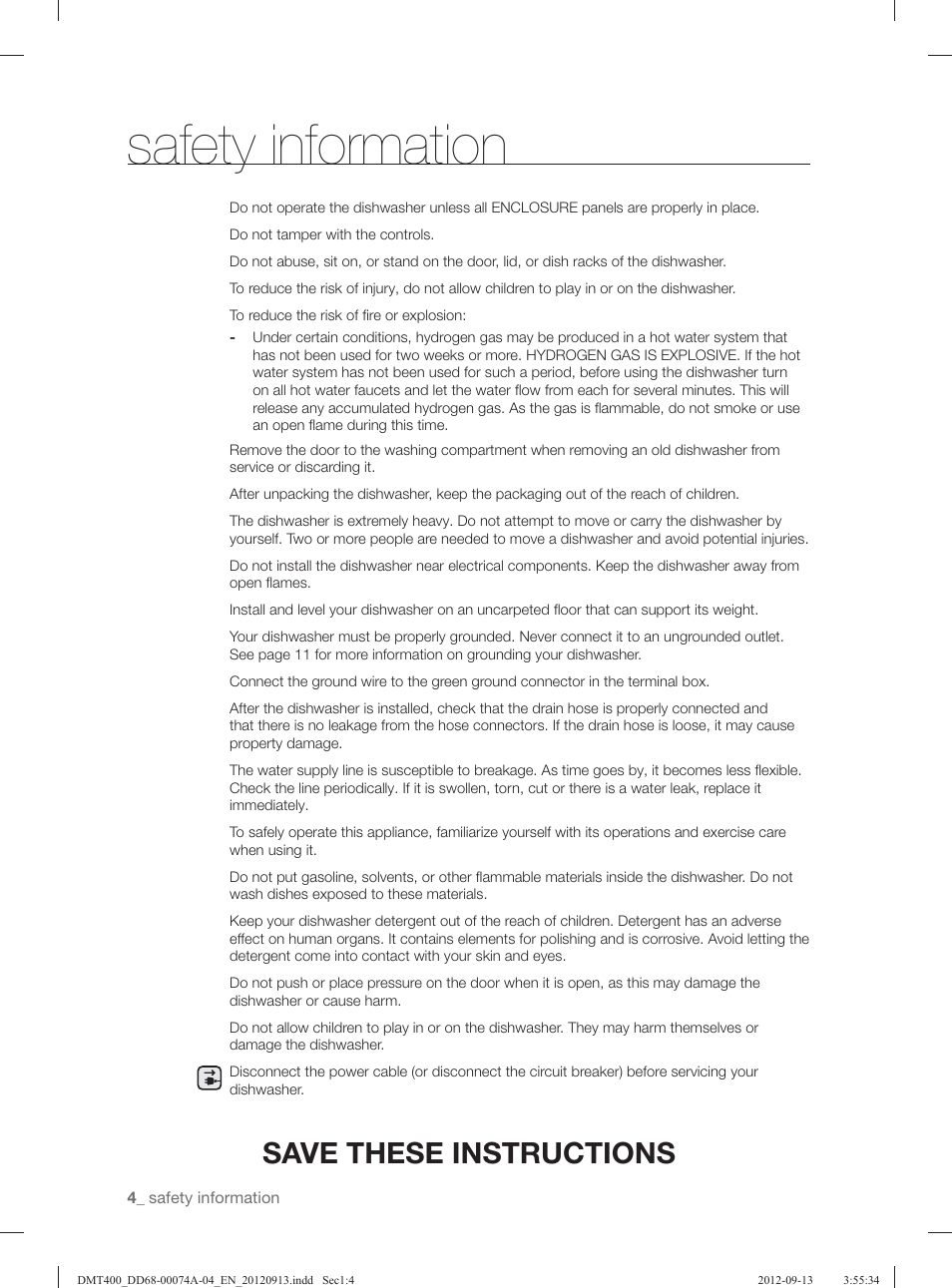 Safety information, Save these instructions | Samsung DMT400RHS-XAA User Manual | Page 4 / 96