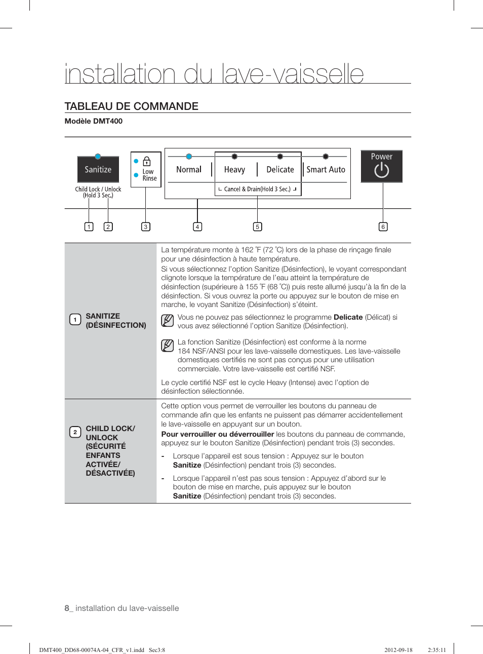 Installation du lave-vaisselle, Tableau de commande | Samsung DMT400RHS-XAA User Manual | Page 40 / 96