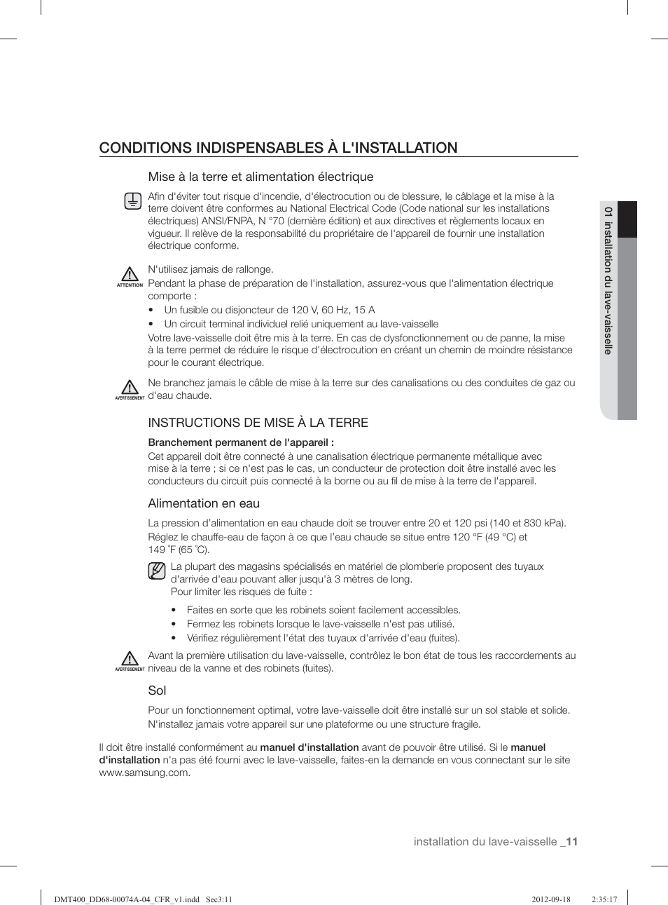 Conditions indispensables à l'installation, Mise à la terre et alimentation électrique, Instructions de mise à la terre | Alimentation en eau | Samsung DMT400RHS-XAA User Manual | Page 43 / 96