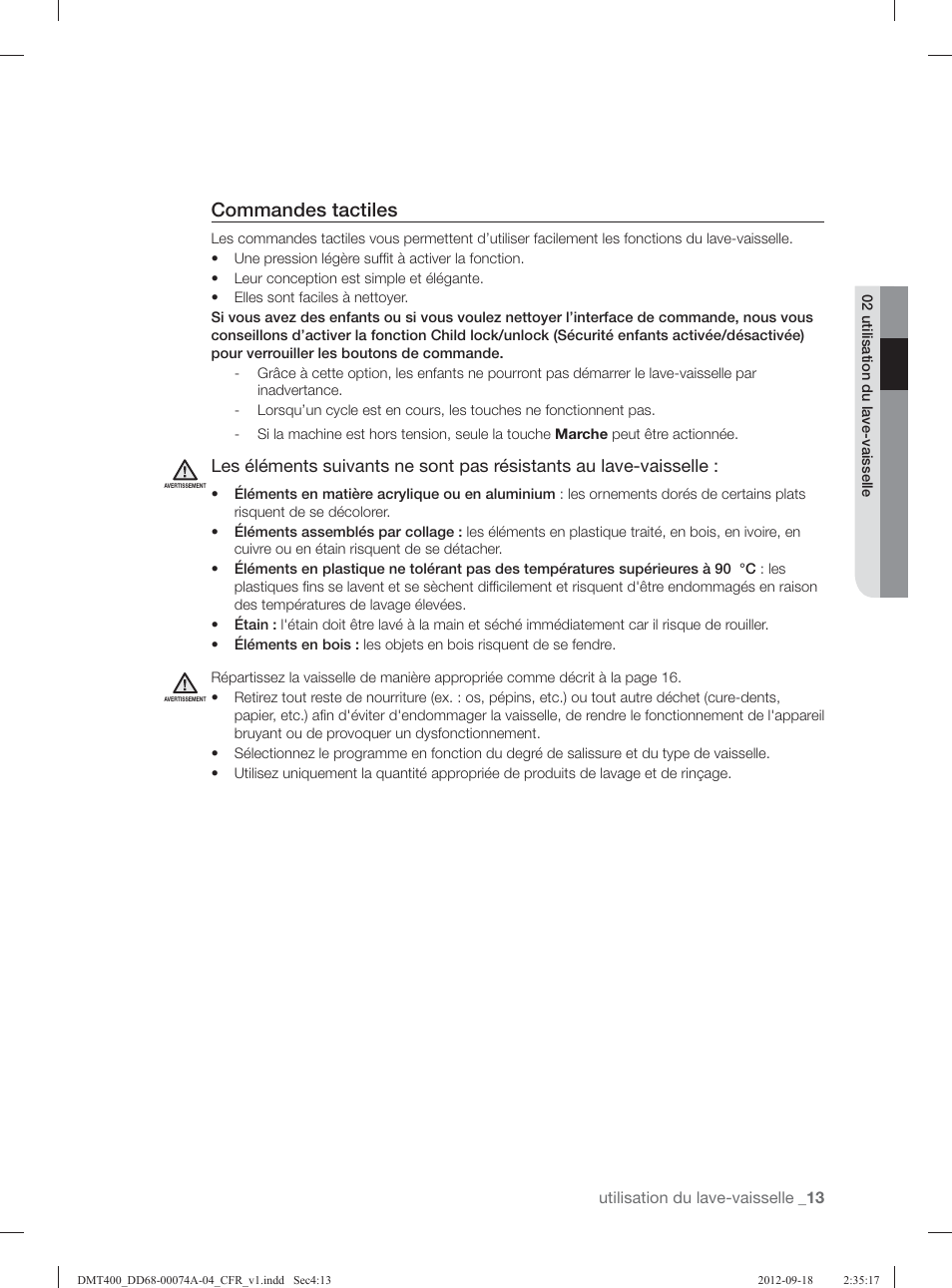 Commandes tactiles | Samsung DMT400RHS-XAA User Manual | Page 45 / 96