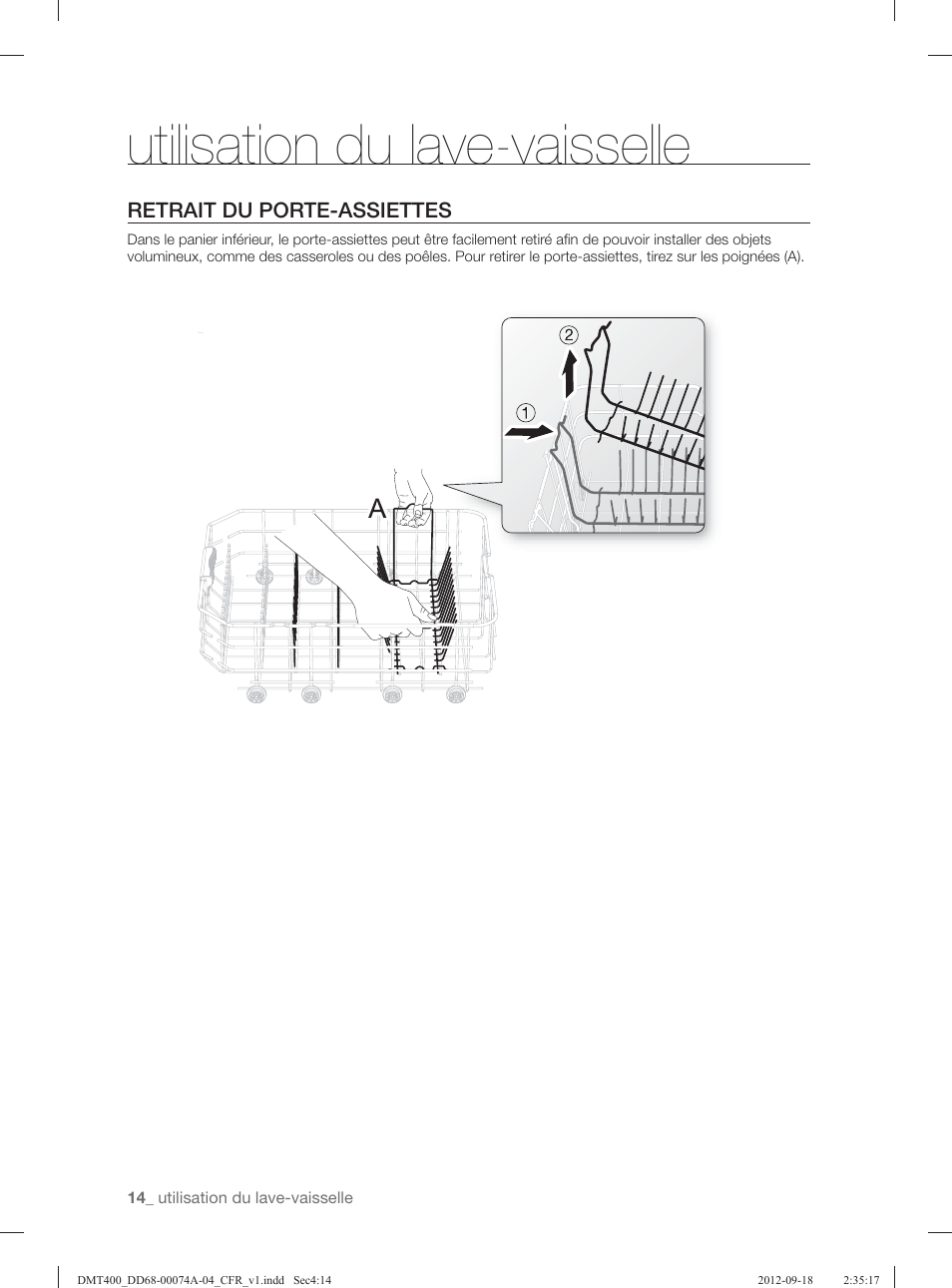 Utilisation du lave-vaisselle, Retrait du porte-assiettes | Samsung DMT400RHS-XAA User Manual | Page 46 / 96