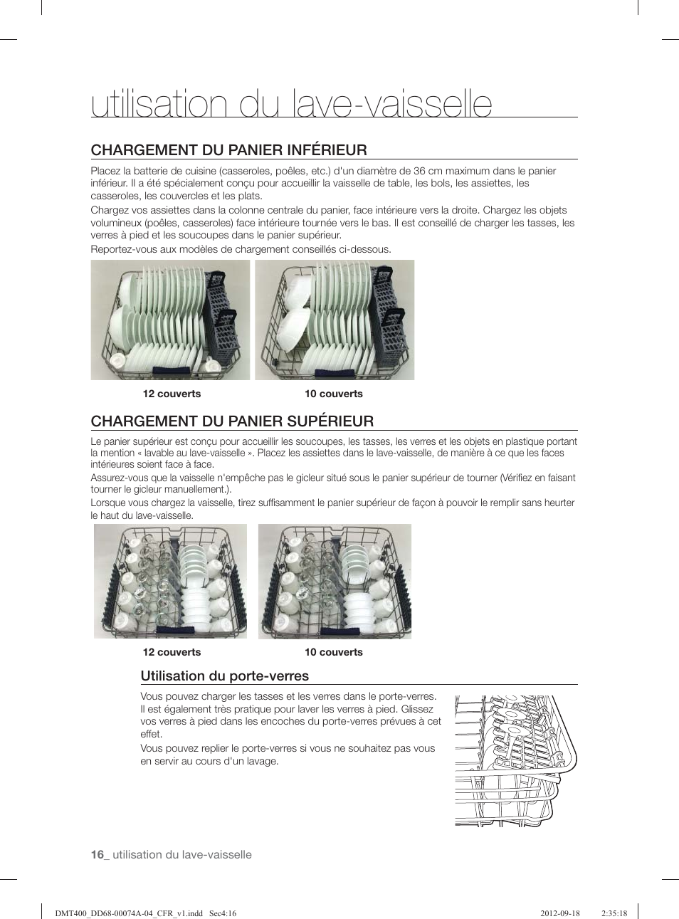 Utilisation du lave-vaisselle, Chargement du panier inférieur, Chargement du panier supérieur | Samsung DMT400RHS-XAA User Manual | Page 48 / 96