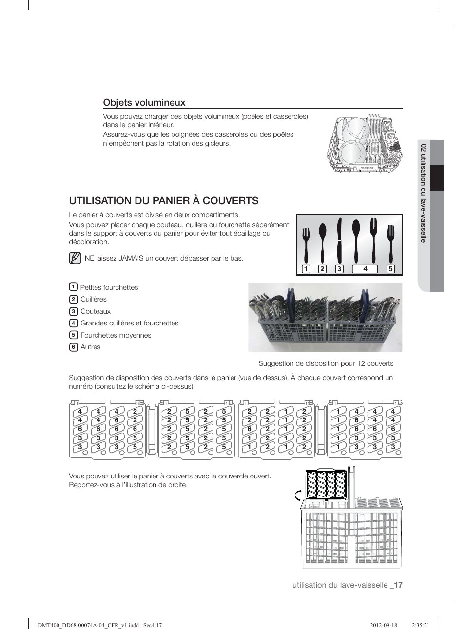 Utilisation du panier à couverts, Objets volumineux | Samsung DMT400RHS-XAA User Manual | Page 49 / 96