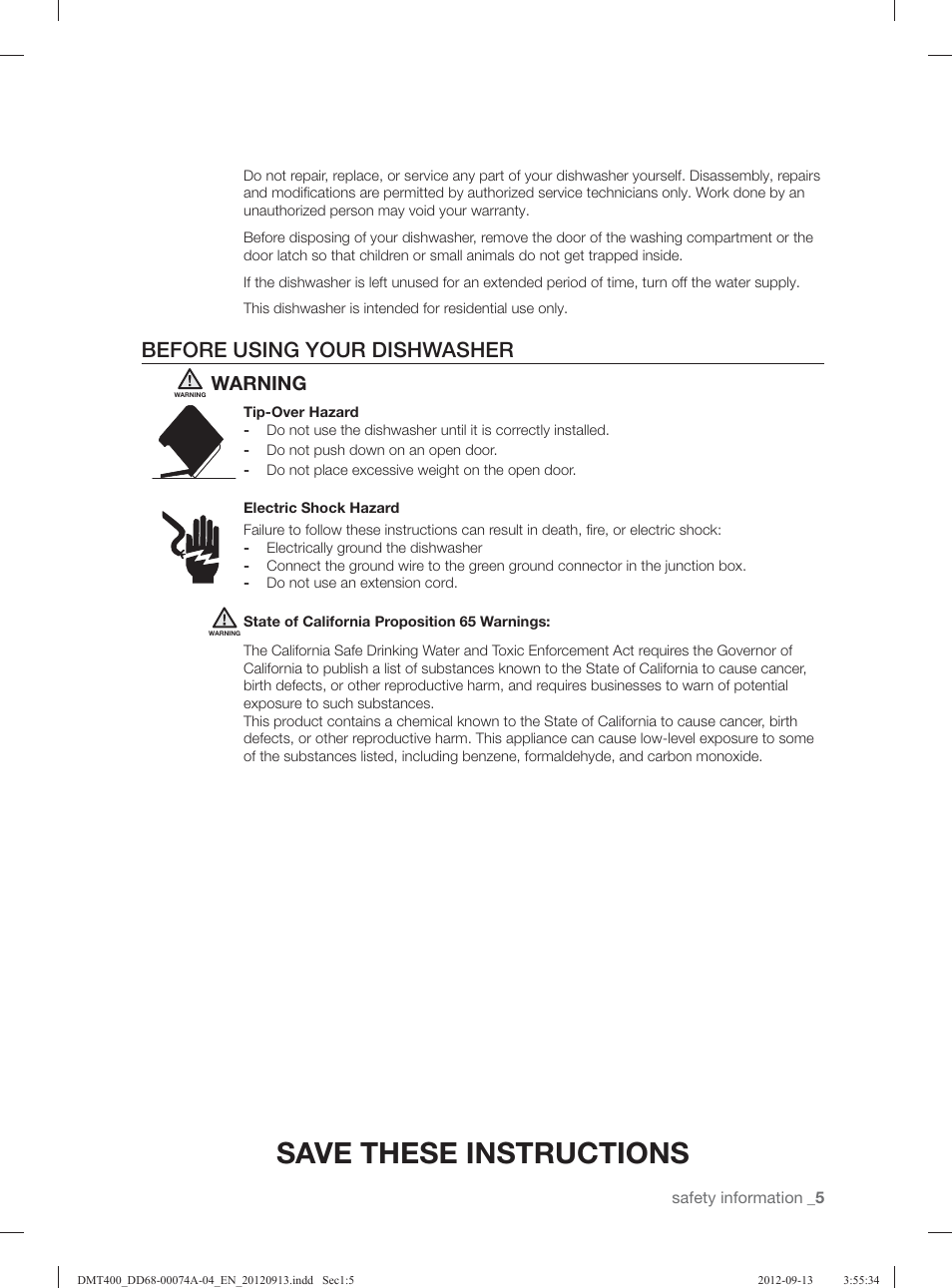 Save these instructions, Before using your dishwasher, Warning | Samsung DMT400RHS-XAA User Manual | Page 5 / 96