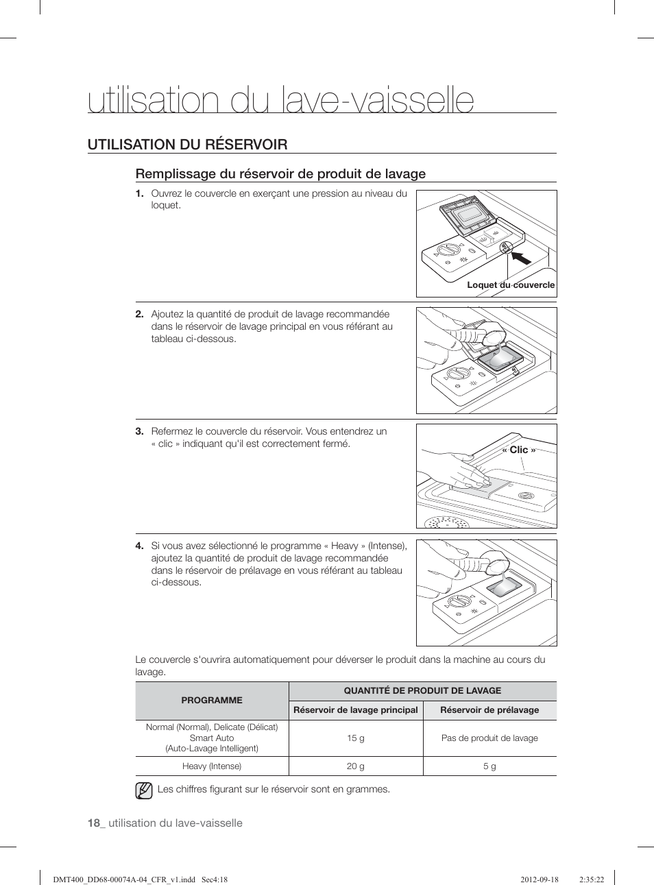 Utilisation du lave-vaisselle, Utilisation du réservoir, Remplissage du réservoir de produit de lavage | Samsung DMT400RHS-XAA User Manual | Page 50 / 96