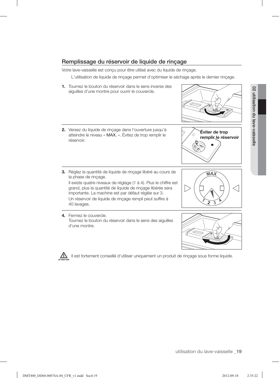 Remplissage du réservoir de liquide de rinçage | Samsung DMT400RHS-XAA User Manual | Page 51 / 96