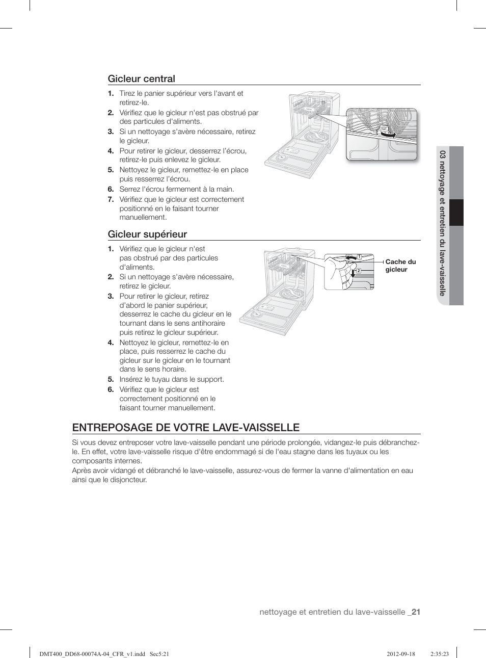 Entreposage de votre lave-vaisselle, Gicleur central, Gicleur supérieur | Samsung DMT400RHS-XAA User Manual | Page 53 / 96