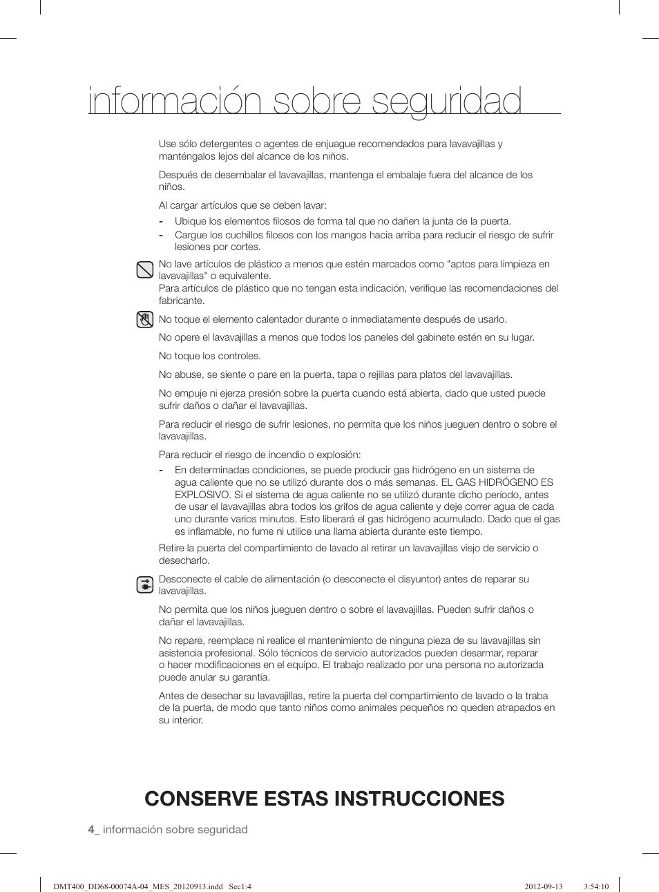 Información sobre seguridad, Conserve estas instrucciones | Samsung DMT400RHS-XAA User Manual | Page 68 / 96