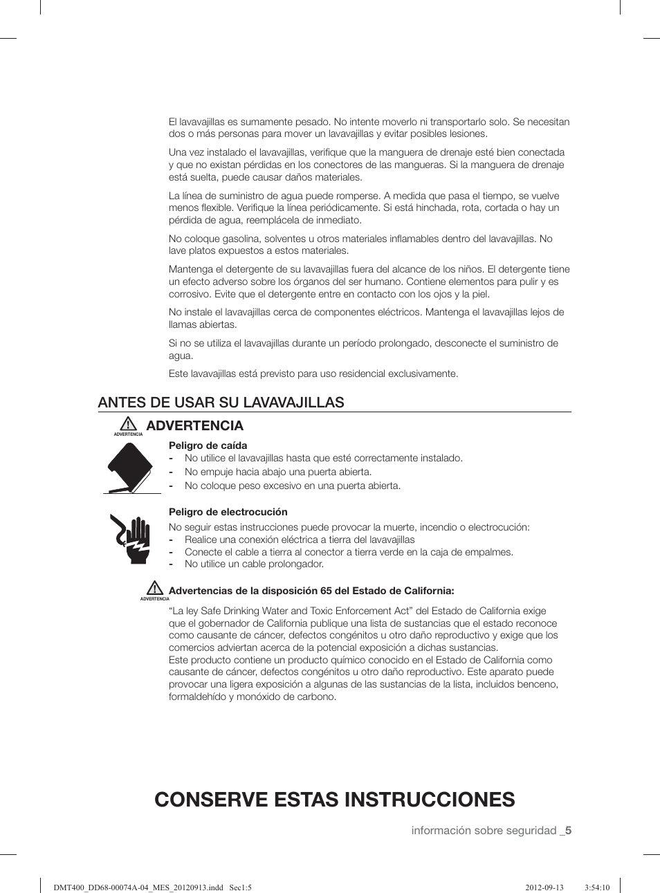 Conserve estas instrucciones, Antes de usar su lavavajillas, Advertencia | Samsung DMT400RHS-XAA User Manual | Page 69 / 96