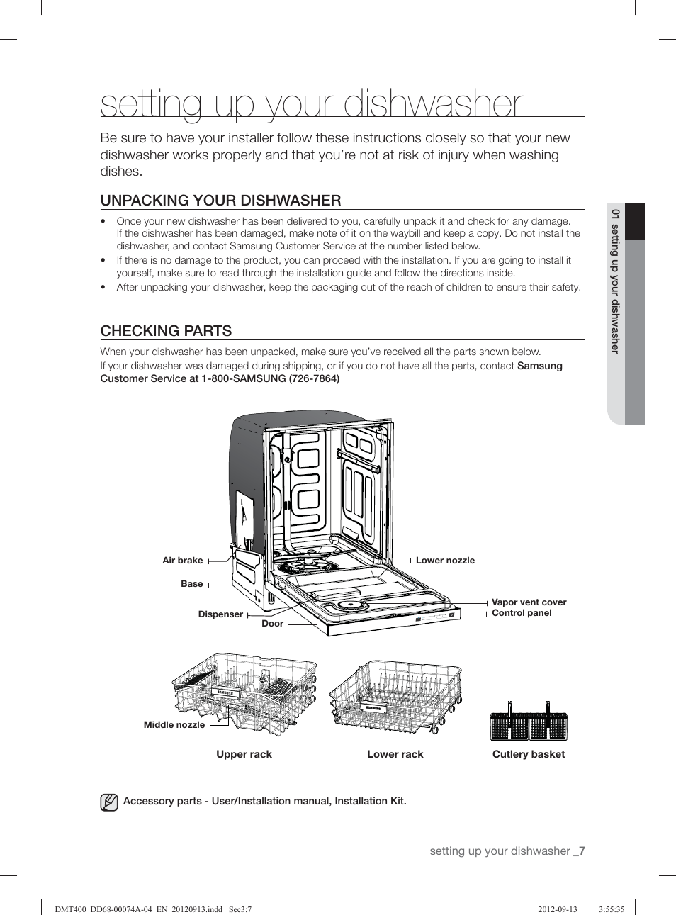 Setting up your dishwasher, Unpacking your dishwasher, Checking parts | Samsung DMT400RHS-XAA User Manual | Page 7 / 96