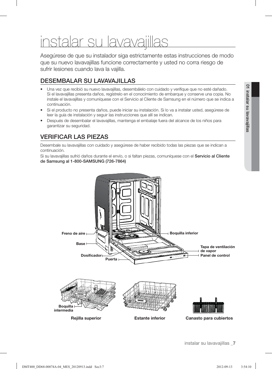 Instalar su lavavajillas, Desembalar su lavavajillas, Verificar las piezas | Samsung DMT400RHS-XAA User Manual | Page 71 / 96