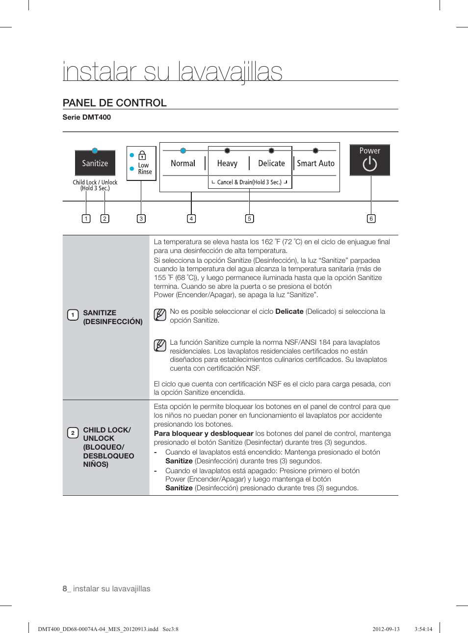 Instalar su lavavajillas, Panel de control | Samsung DMT400RHS-XAA User Manual | Page 72 / 96