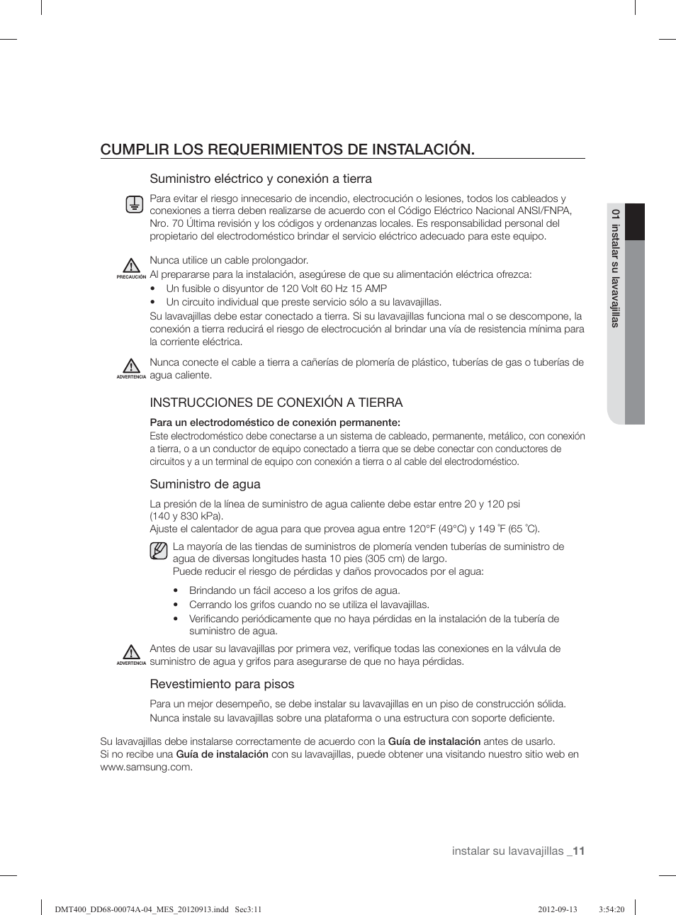Cumplir los requerimientos de instalación, Suministro eléctrico y conexión a tierra, Instrucciones de conexión a tierra | Suministro de agua, Revestimiento para pisos | Samsung DMT400RHS-XAA User Manual | Page 75 / 96