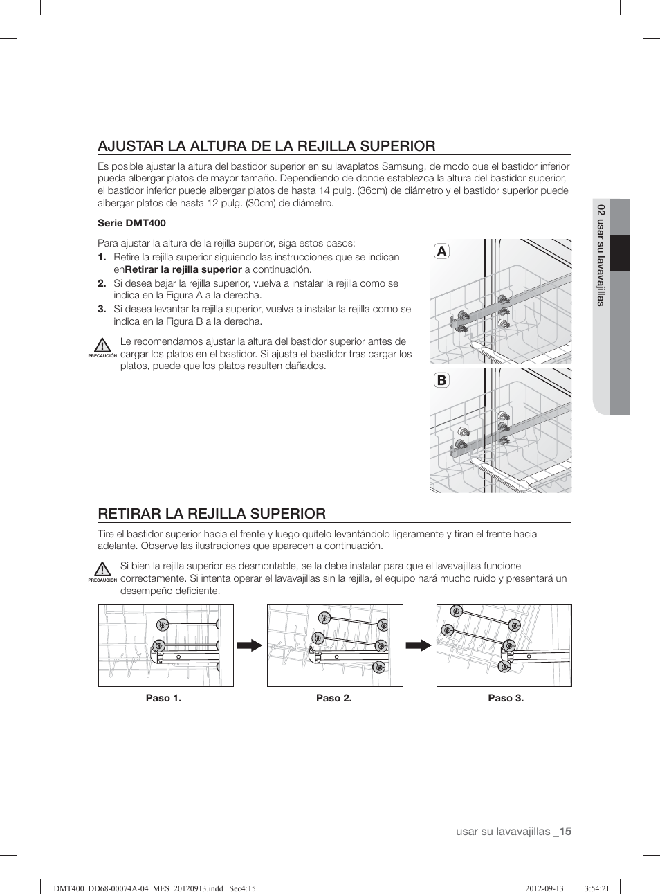 Ajustar la altura de la rejilla superior, Retirar la rejilla superior | Samsung DMT400RHS-XAA User Manual | Page 79 / 96