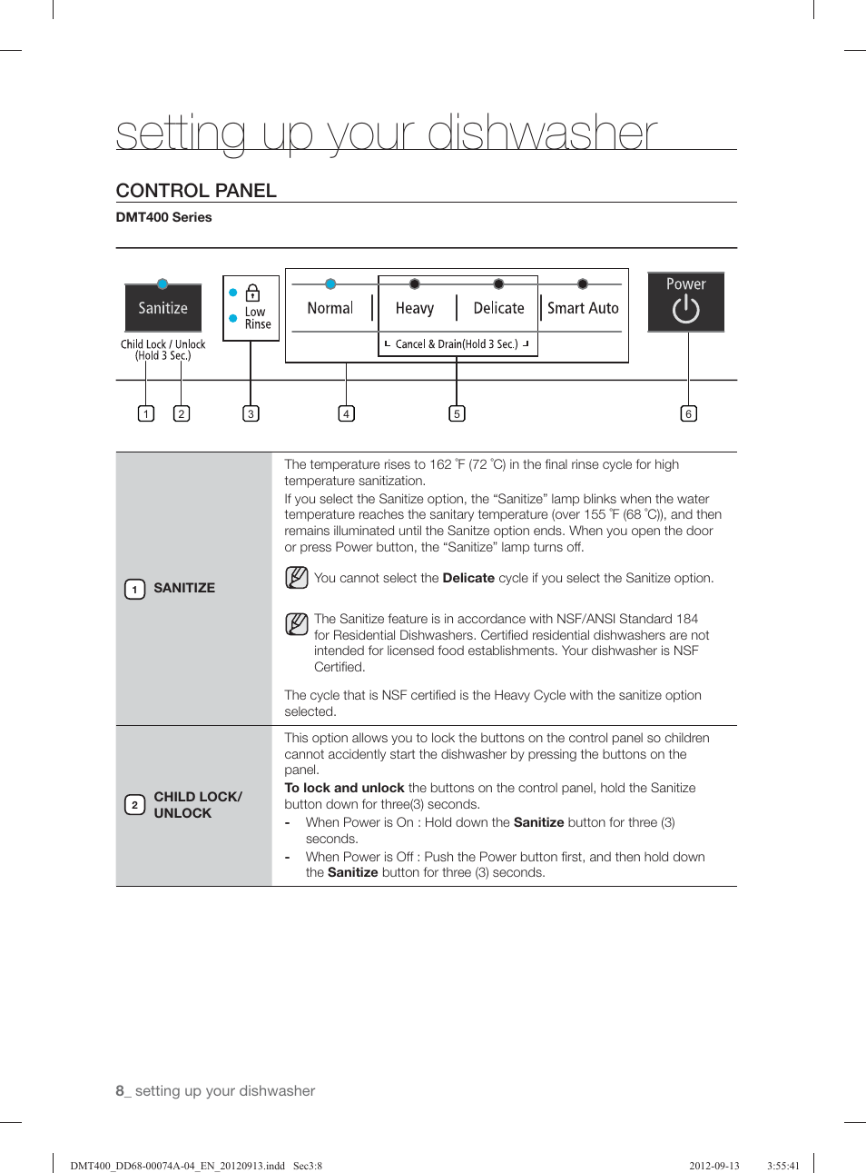 Setting up your dishwasher, Control panel | Samsung DMT400RHS-XAA User Manual | Page 8 / 96