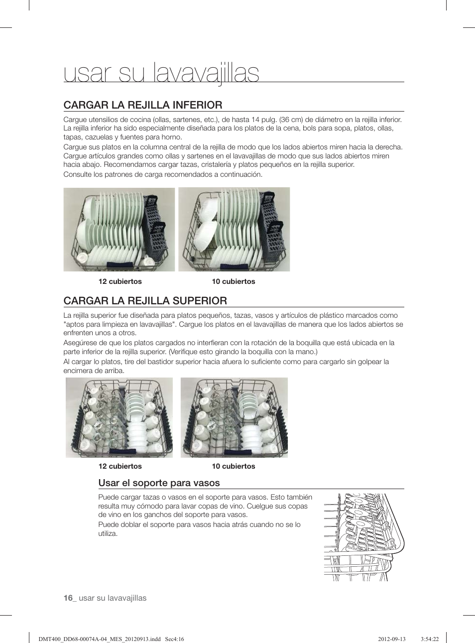 Usar su lavavajillas, Cargar la rejilla inferior, Cargar la rejilla superior | Samsung DMT400RHS-XAA User Manual | Page 80 / 96