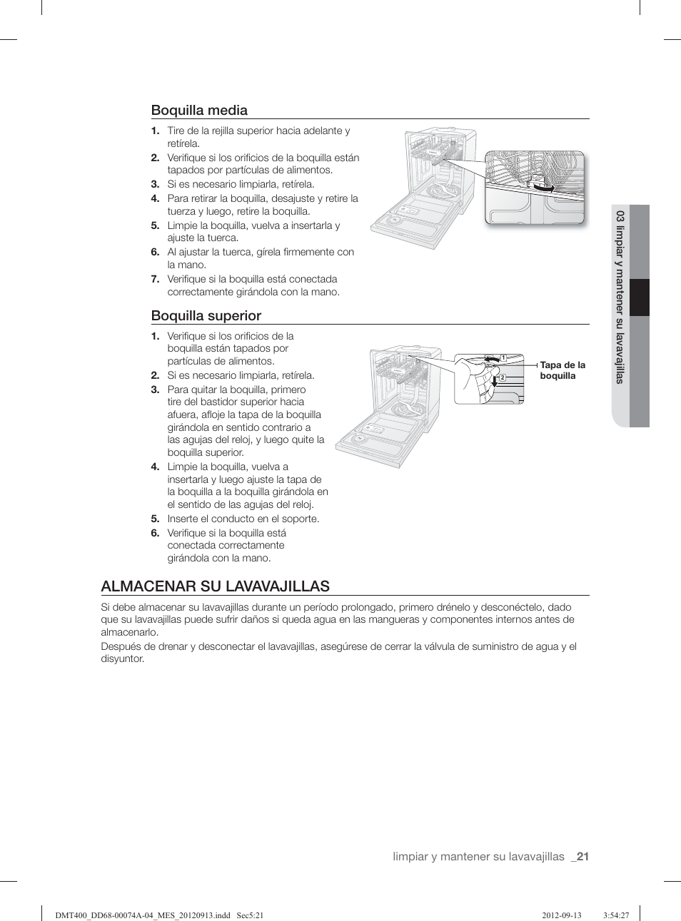 Almacenar su lavavajillas, Boquilla media, Boquilla superior | Samsung DMT400RHS-XAA User Manual | Page 85 / 96