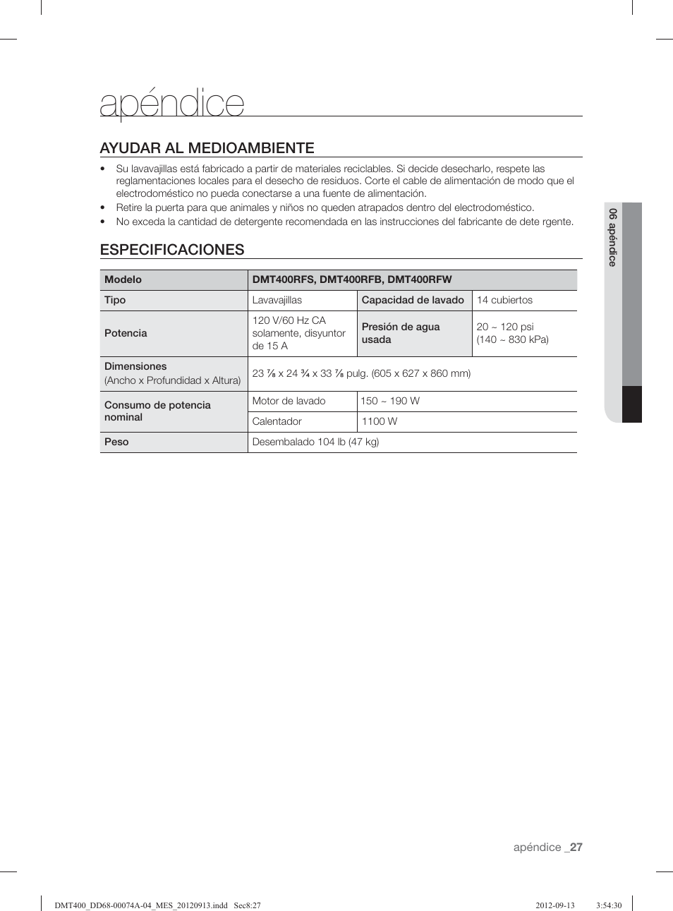 Apéndice, Ayudar al medioambiente, Especificaciones | Samsung DMT400RHS-XAA User Manual | Page 91 / 96