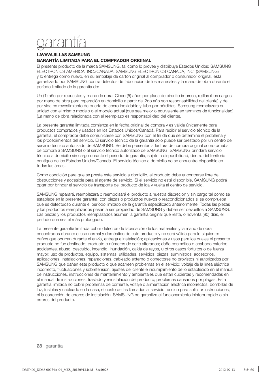 Garantía | Samsung DMT400RHS-XAA User Manual | Page 92 / 96