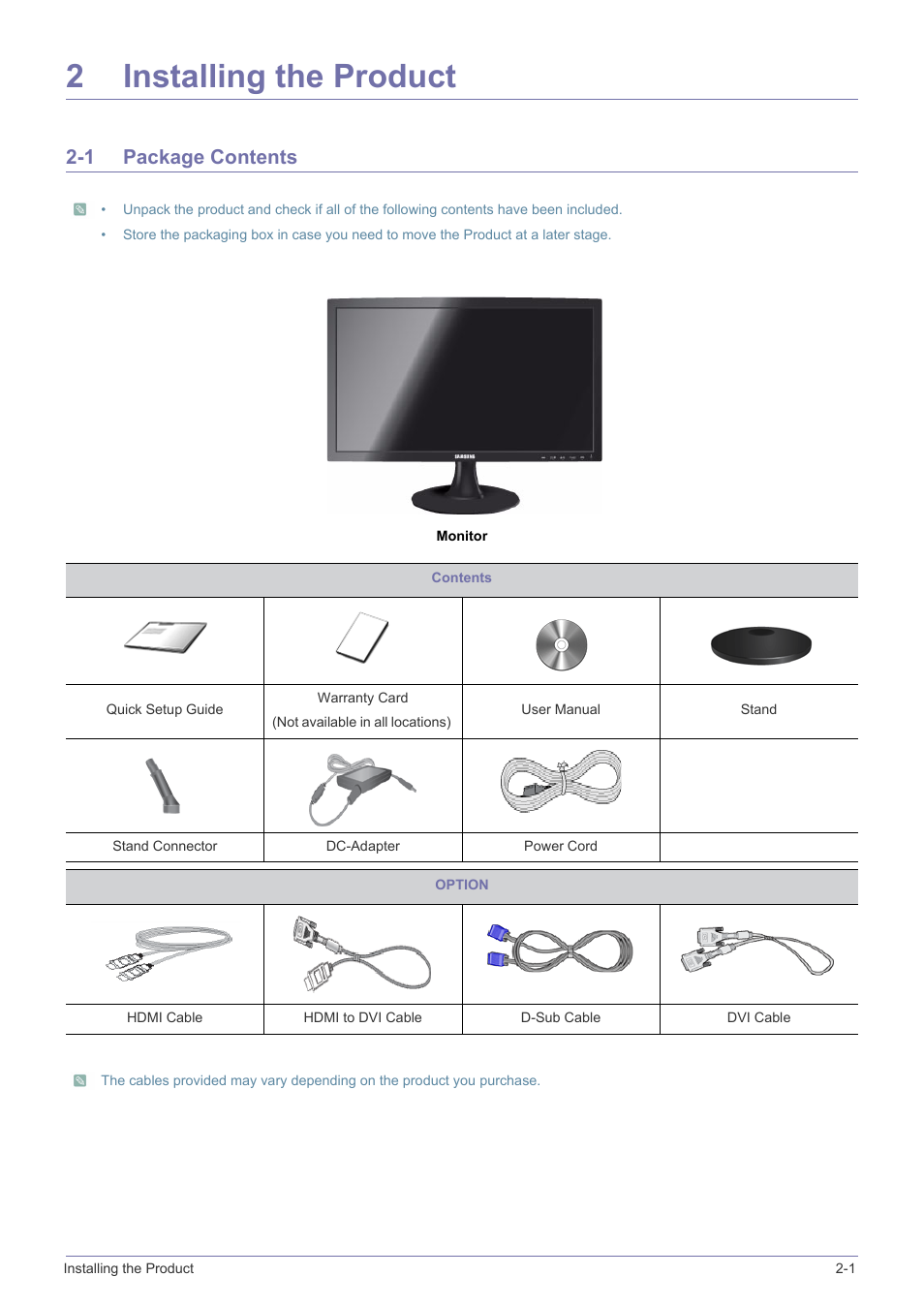 2 installing the product, 1 package contents, 2installing the product | Samsung LS24B300HL-ZA User Manual | Page 12 / 92