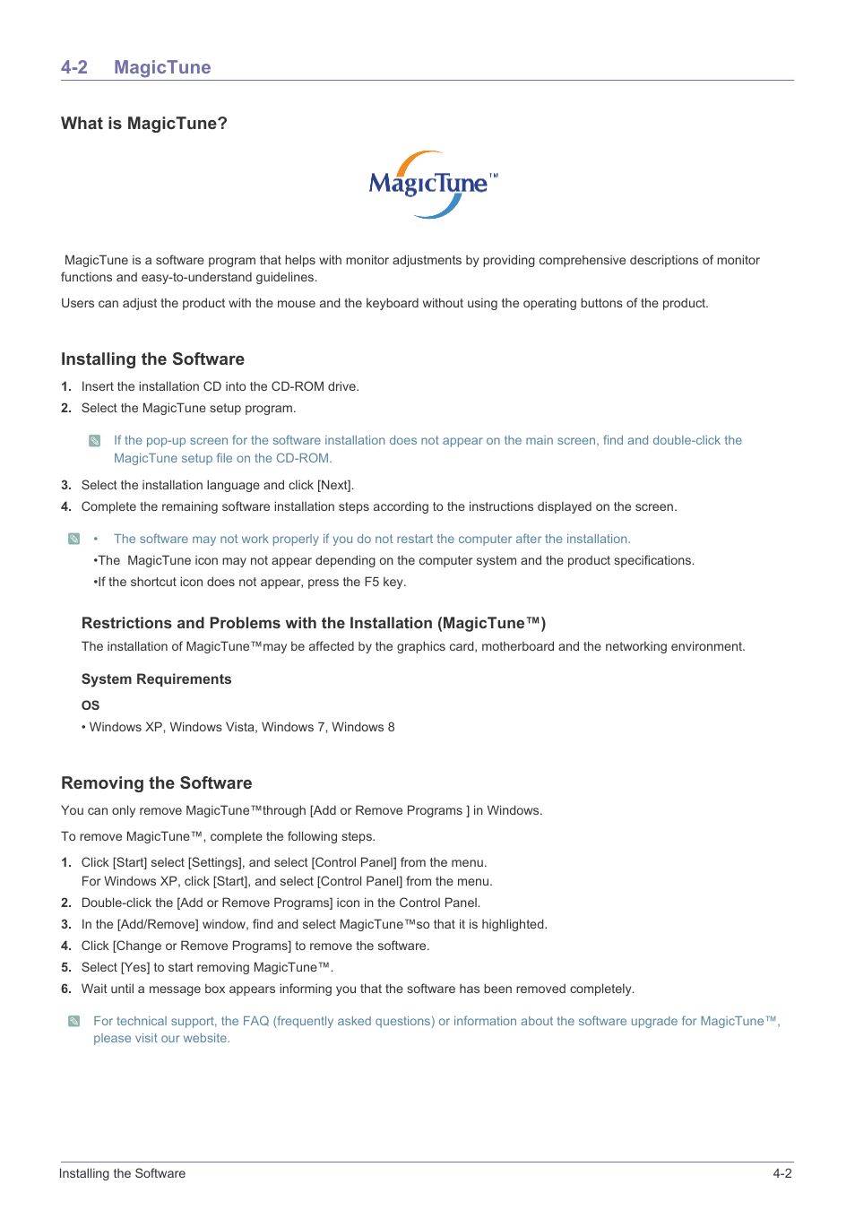 2 magictune, What is magictune, Installing the software | Removing the software | Samsung LS24B300HL-ZA User Manual | Page 48 / 92
