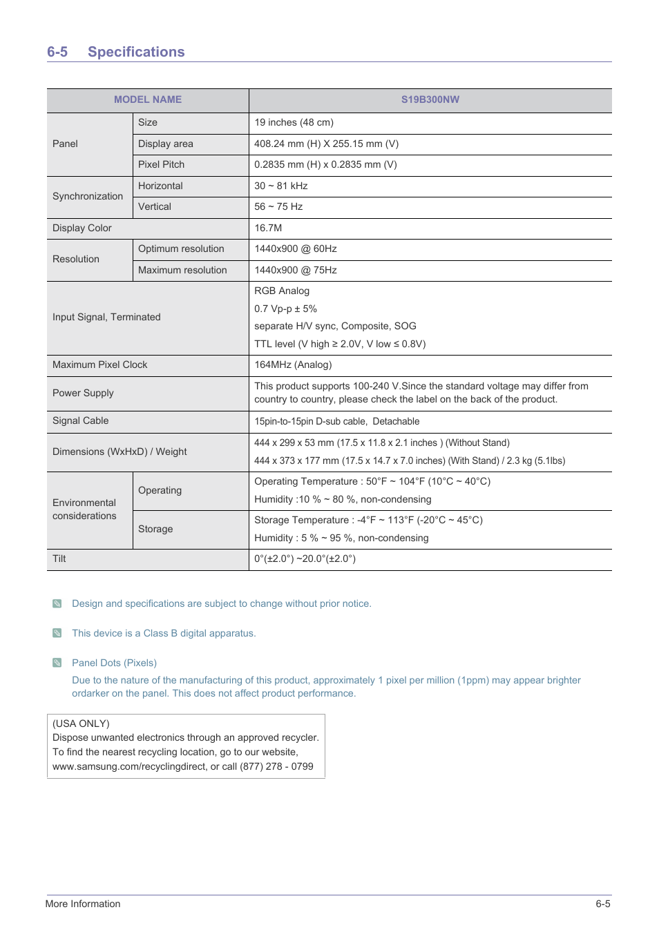 5 specifications | Samsung LS24B300HL-ZA User Manual | Page 58 / 92