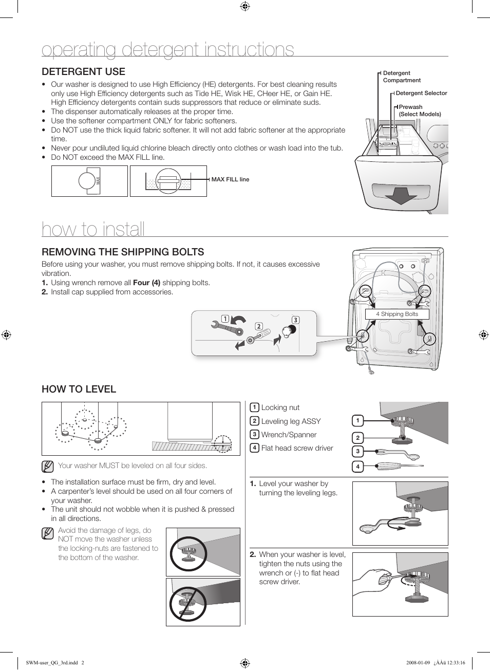 Operating detergent instructions, How to install, Detergent use | Removing the shipping bolts, How to level | Samsung WF338AAB-XAA User Manual | Page 2 / 2