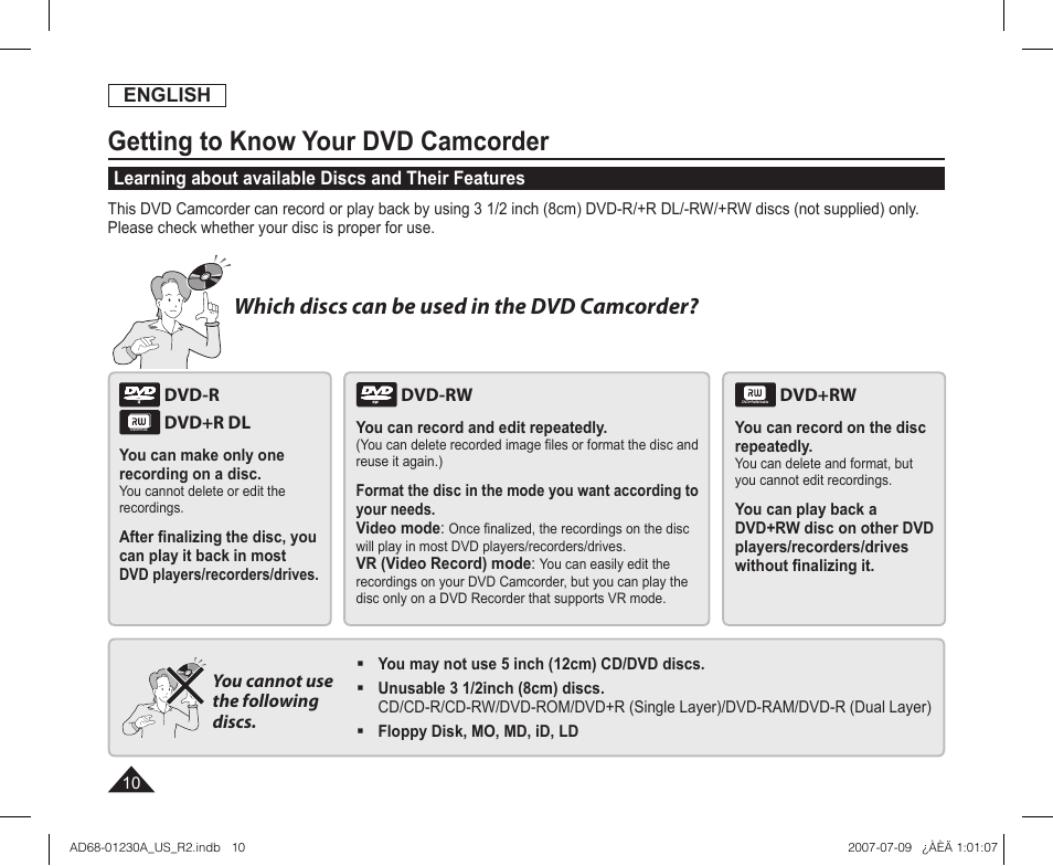 Learning about available discs and their features, Getting to know your dvd camcorder, Which discs can be used in the dvd camcorder | English | Samsung SC-DC575-XAA User Manual | Page 10 / 128