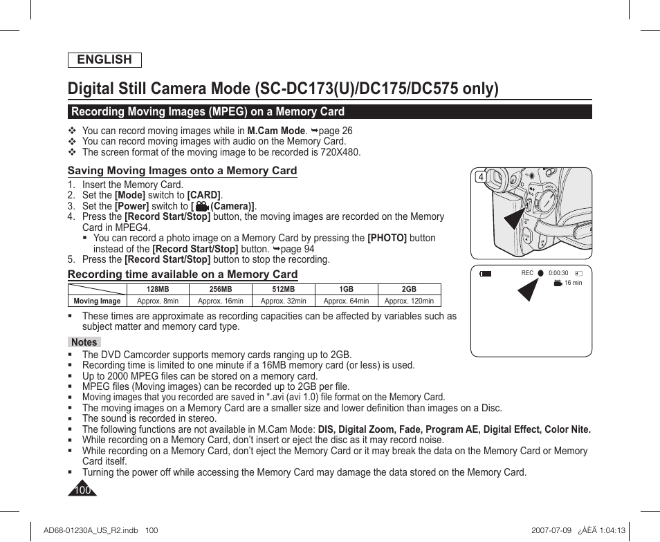 Recording moving images (mpeg) on a memory card | Samsung SC-DC575-XAA User Manual | Page 100 / 128