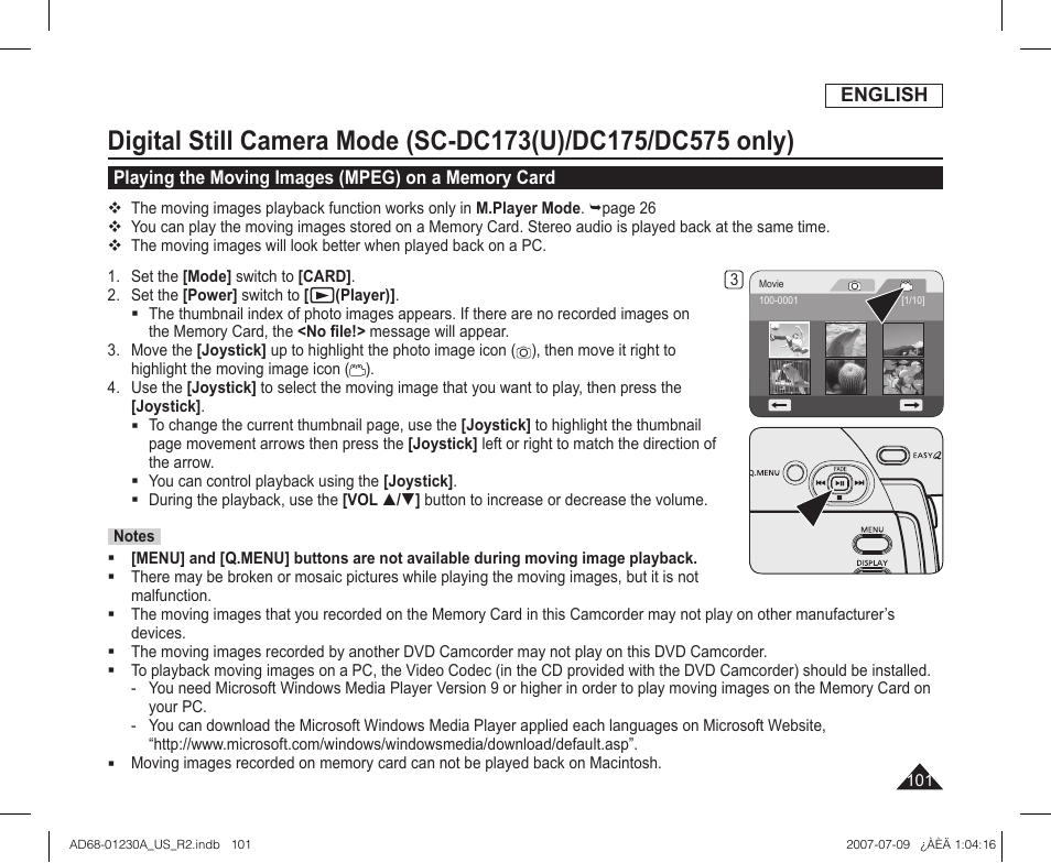 Playing the moving images (mpeg) on a memory card | Samsung SC-DC575-XAA User Manual | Page 101 / 128