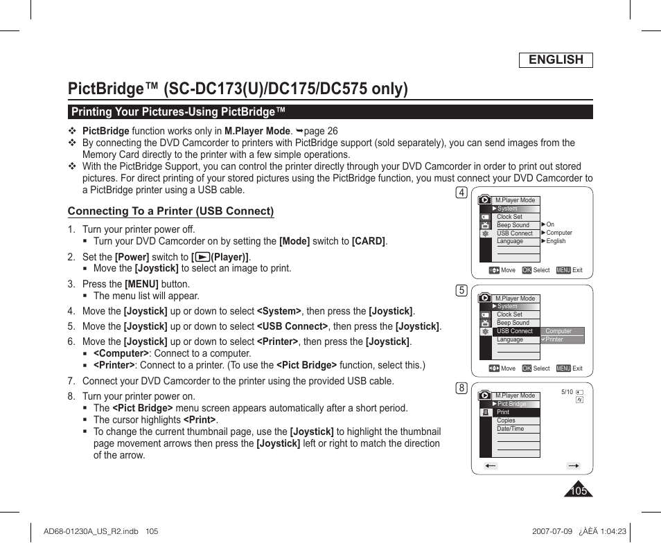 Pictbridge™ (sc-dc173(u)/dc175/dc575 only), Printing your pictures-using pictbridge, English | Samsung SC-DC575-XAA User Manual | Page 105 / 128