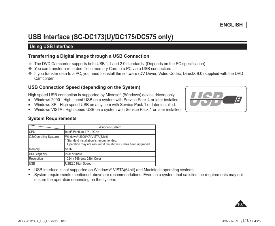 Usb interface (sc-dc173(u)/dc175/dc575 only), Using usb interface, English | Samsung SC-DC575-XAA User Manual | Page 107 / 128