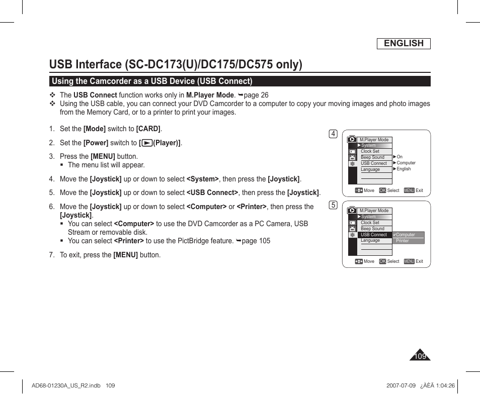 Using the camcorder as a usb device (usb connect), English | Samsung SC-DC575-XAA User Manual | Page 109 / 128