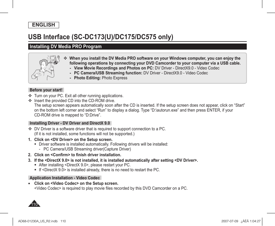 Installing dv media pro program | Samsung SC-DC575-XAA User Manual | Page 110 / 128