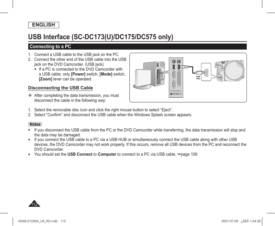 Connecting to a pc | Samsung SC-DC575-XAA User Manual | Page 112 / 128