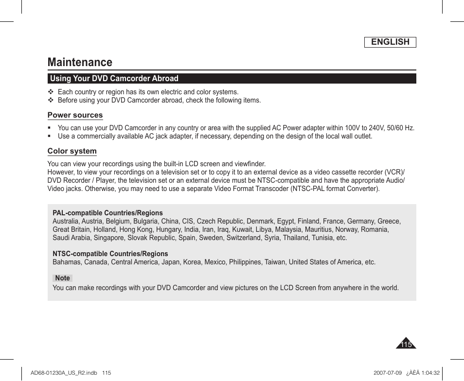 Maintenance, Using your dvd camcorder abroad | Samsung SC-DC575-XAA User Manual | Page 115 / 128