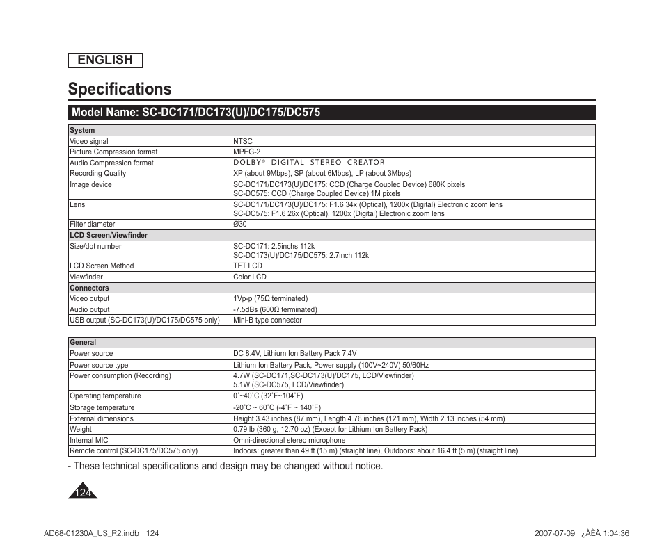 Specifications, Model name: sc-dc171/dc173(u)/dc175/dc575, Speciﬁcations | English | Samsung SC-DC575-XAA User Manual | Page 124 / 128