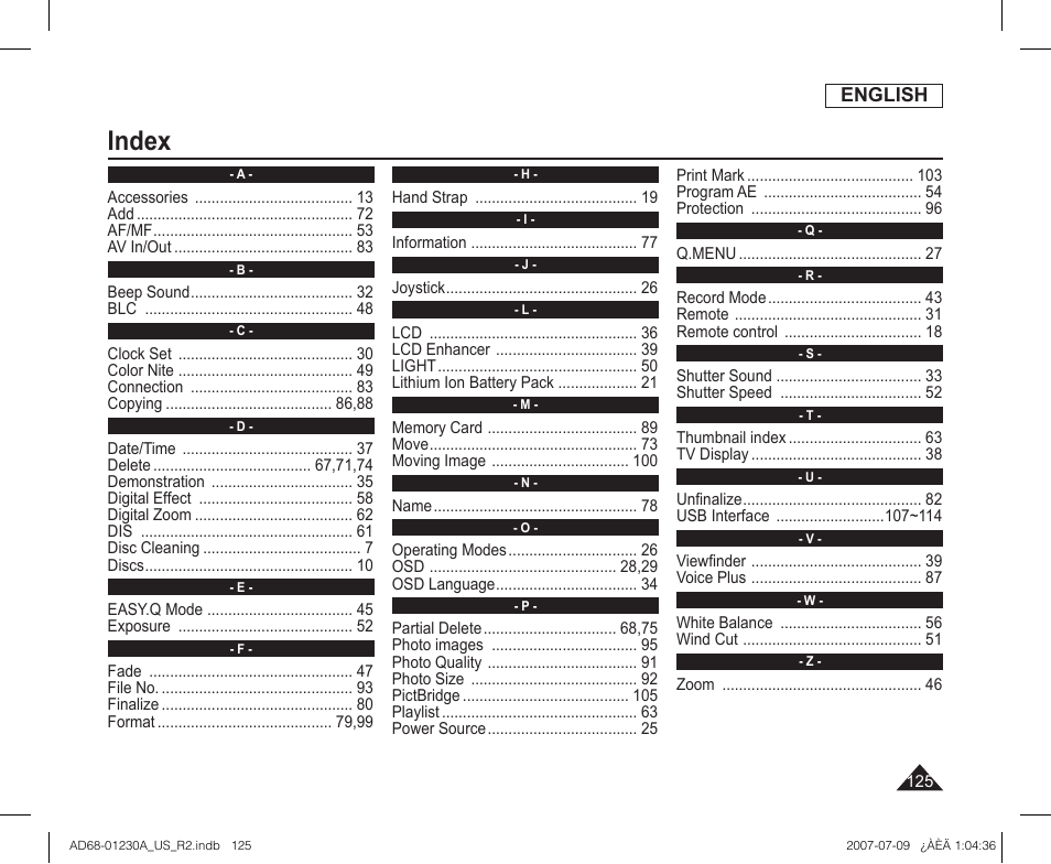 Index | Samsung SC-DC575-XAA User Manual | Page 125 / 128